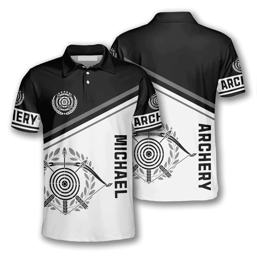 3D all over printed Archery Polo Shirt, Archery Emblem Black White Version Personalized Archery Polo Shirts for Men