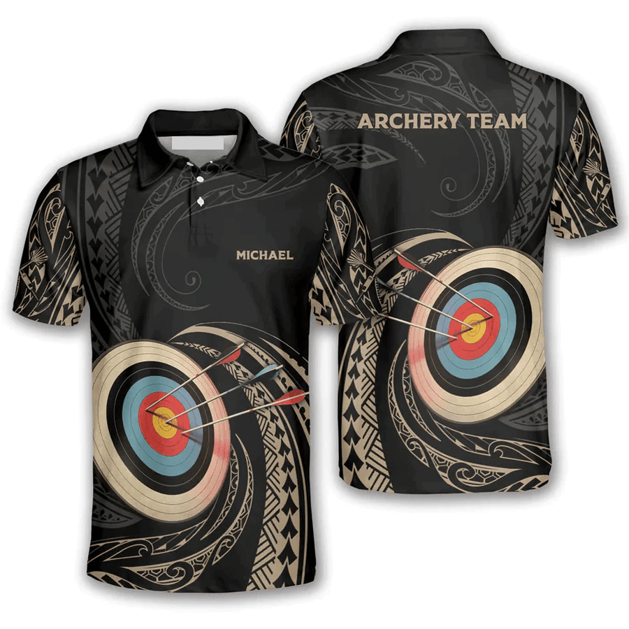 3D all over printed Archery Polo Shirt, Archery Golden Tribal Personalized and team name Archery Polo Shirts For Men
