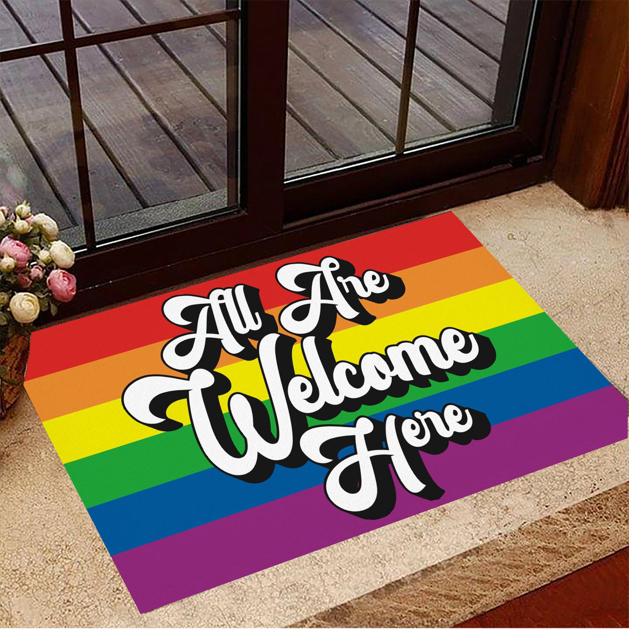 All Are Welcome Here Rubber Doormat LGBT Pride Merch Rainbow Merchandise Pride Month Gifts