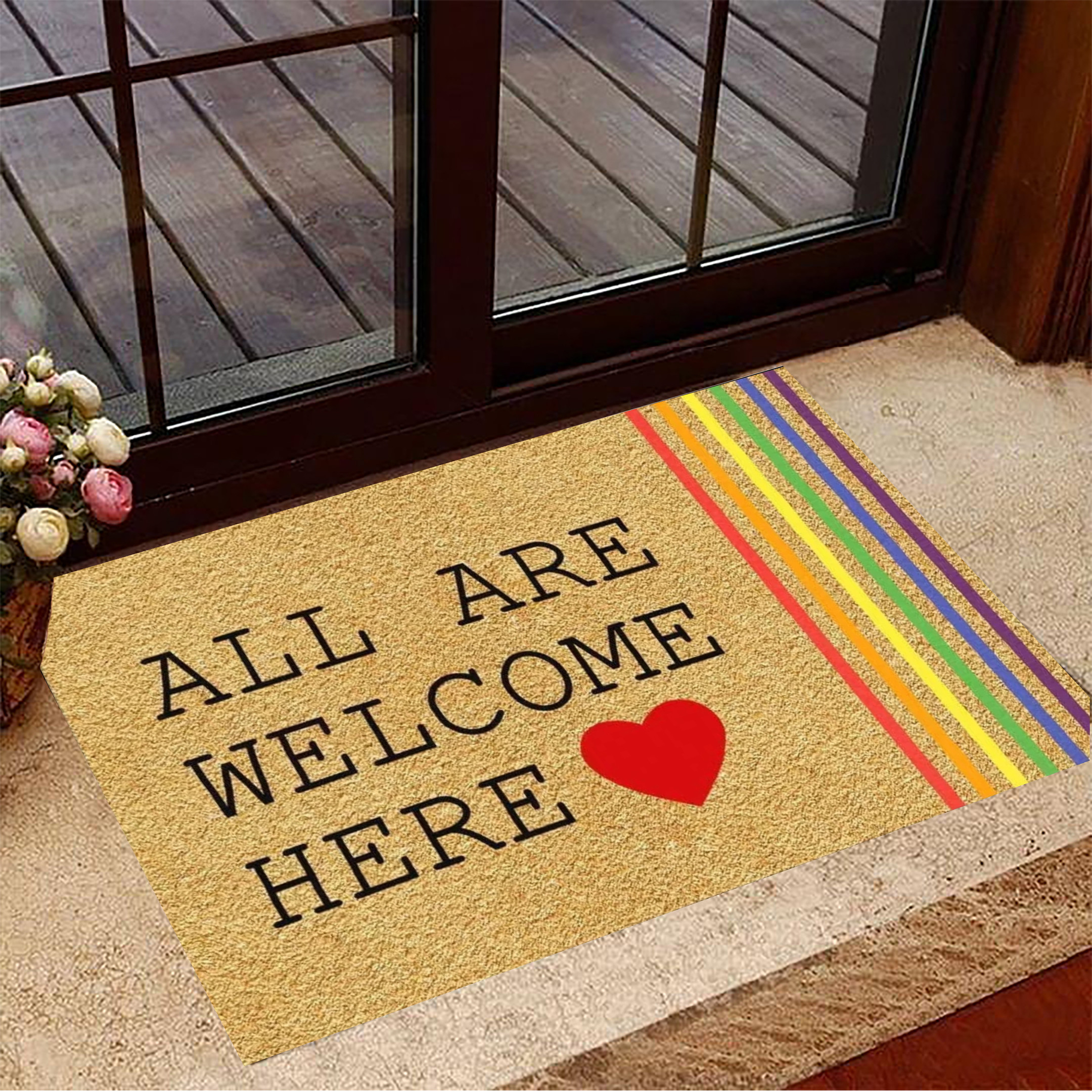 All Are Welcome Here Rubber Doormat LGBT Pride Merchandise LGBT Welcome Mat For Front Door