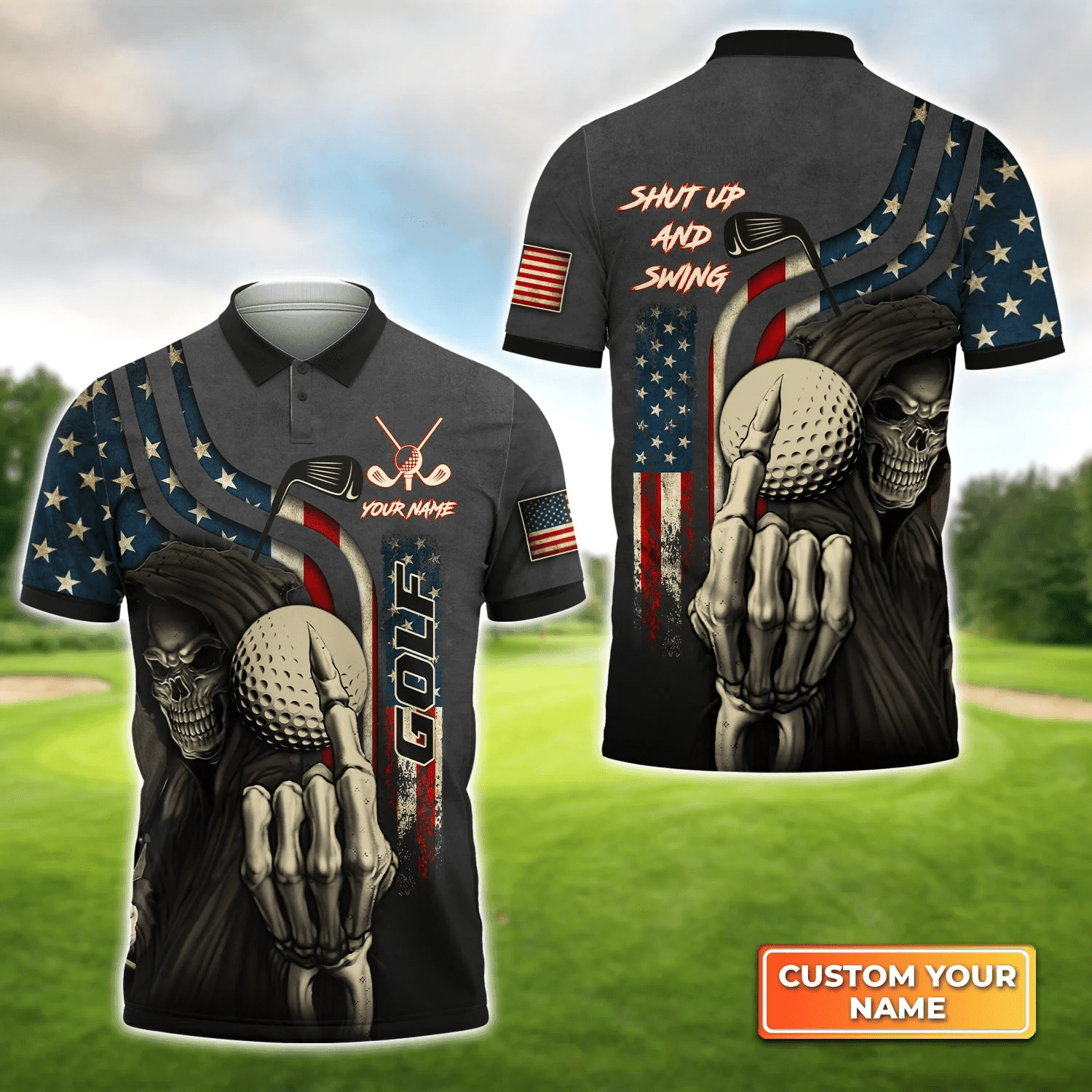 America Flag Skull Golf Shut Up And Swing Personalized Name 3D Polo Shirt, Gift For Golfers