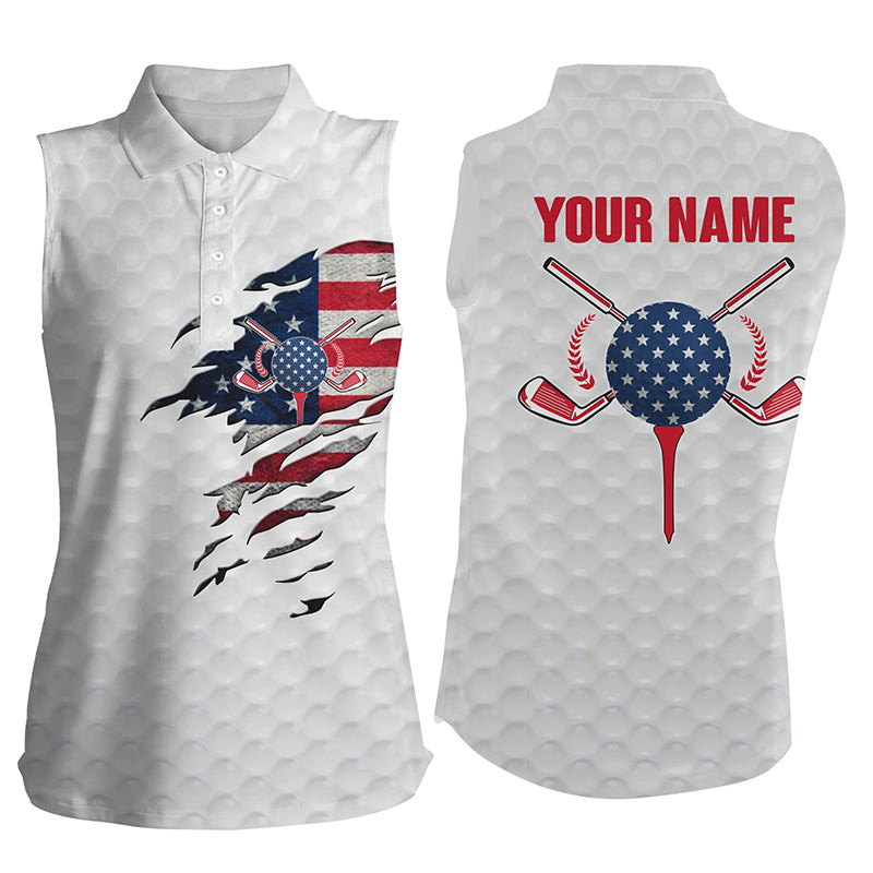 American Flag White Golf Ball Skin Womens Sleeveless Polo Shirt Personalized Ladies Sleeveless Golf Shirt