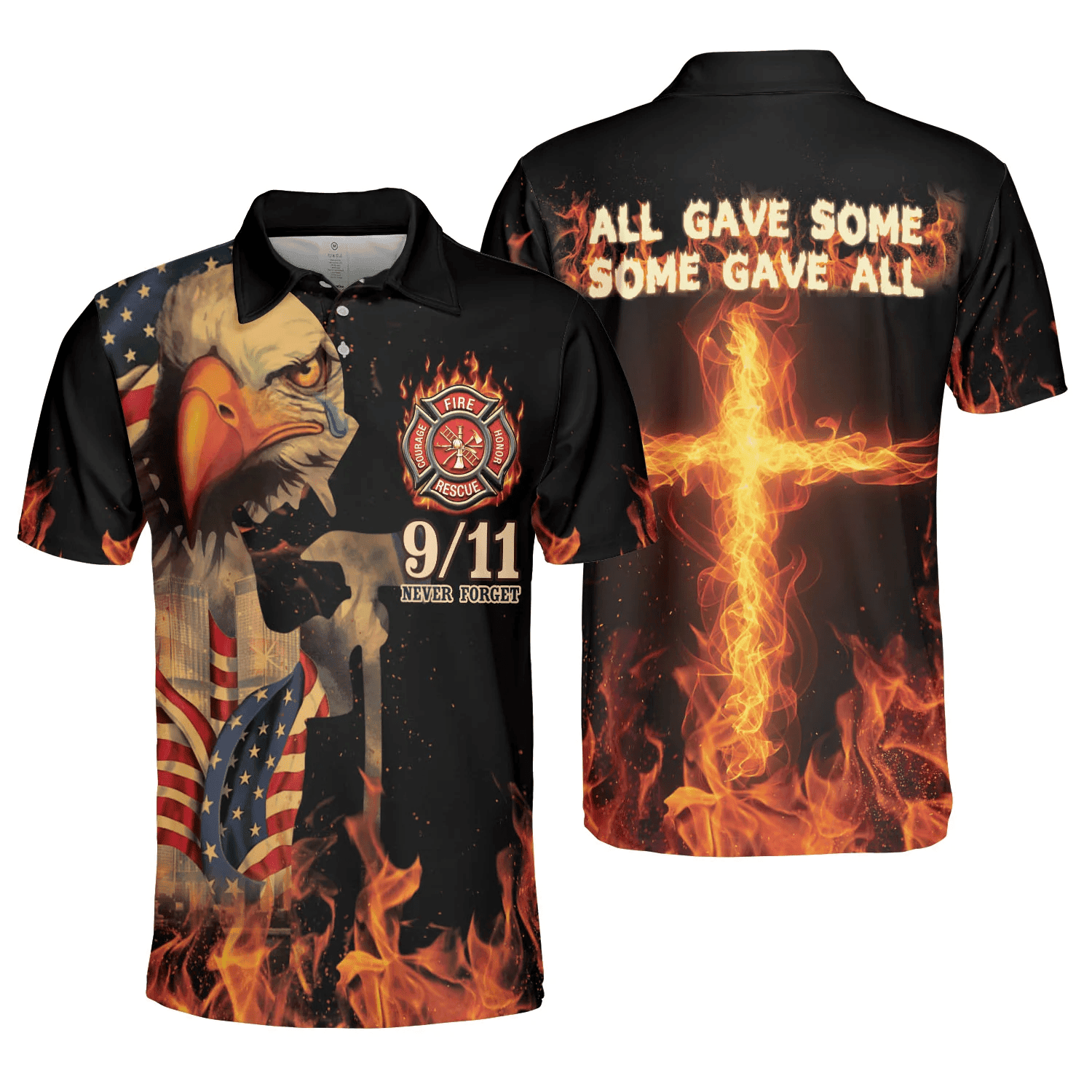 Apparels Firefighter Never Forget Jesus God Chris Eagle Crying 09/11 AOP Polo Shirt