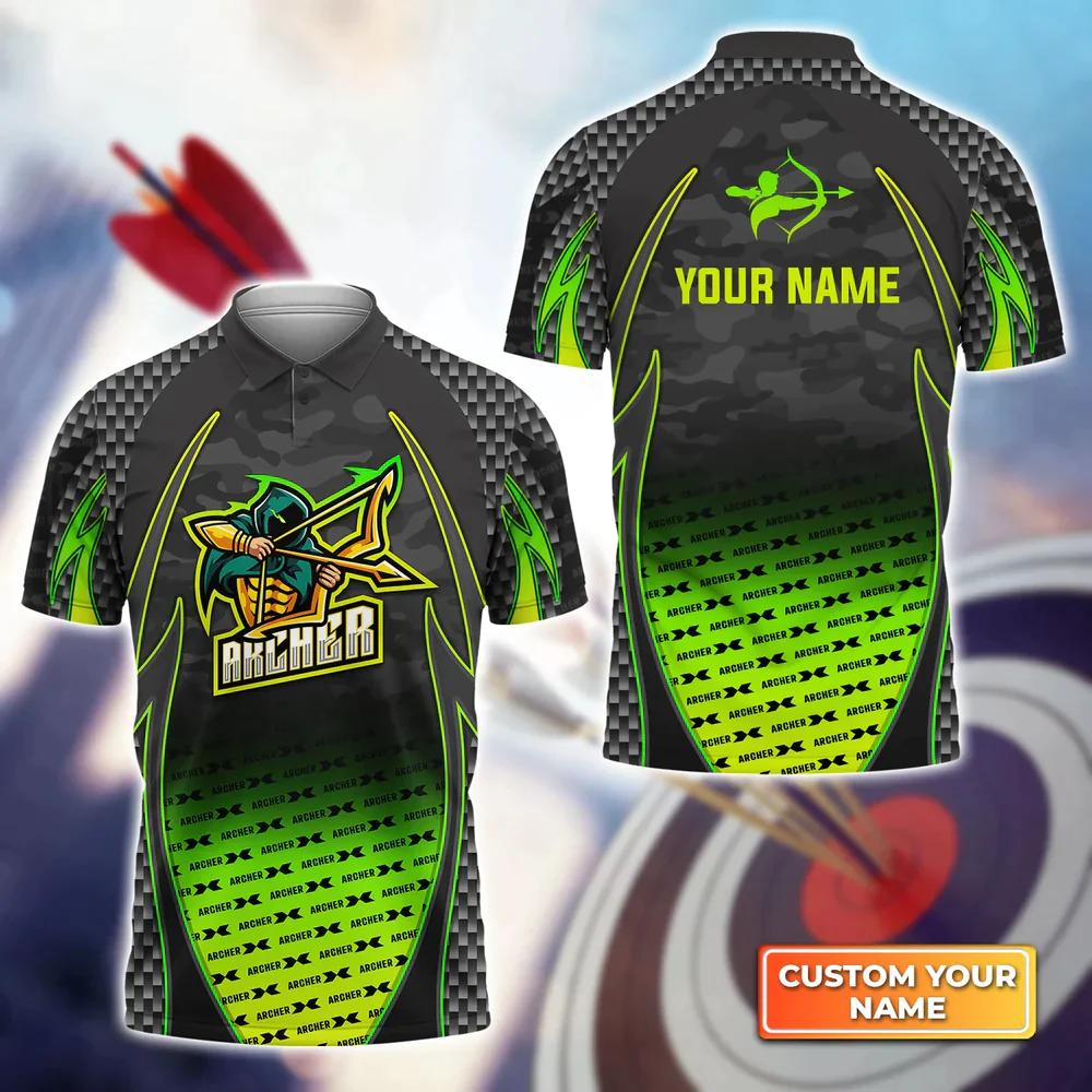Archery Esport Mascot Green Pattern 3D Polo Shirt, Archery Polo Shirts For Teams Personalized Archery Birthday Gifts For Men