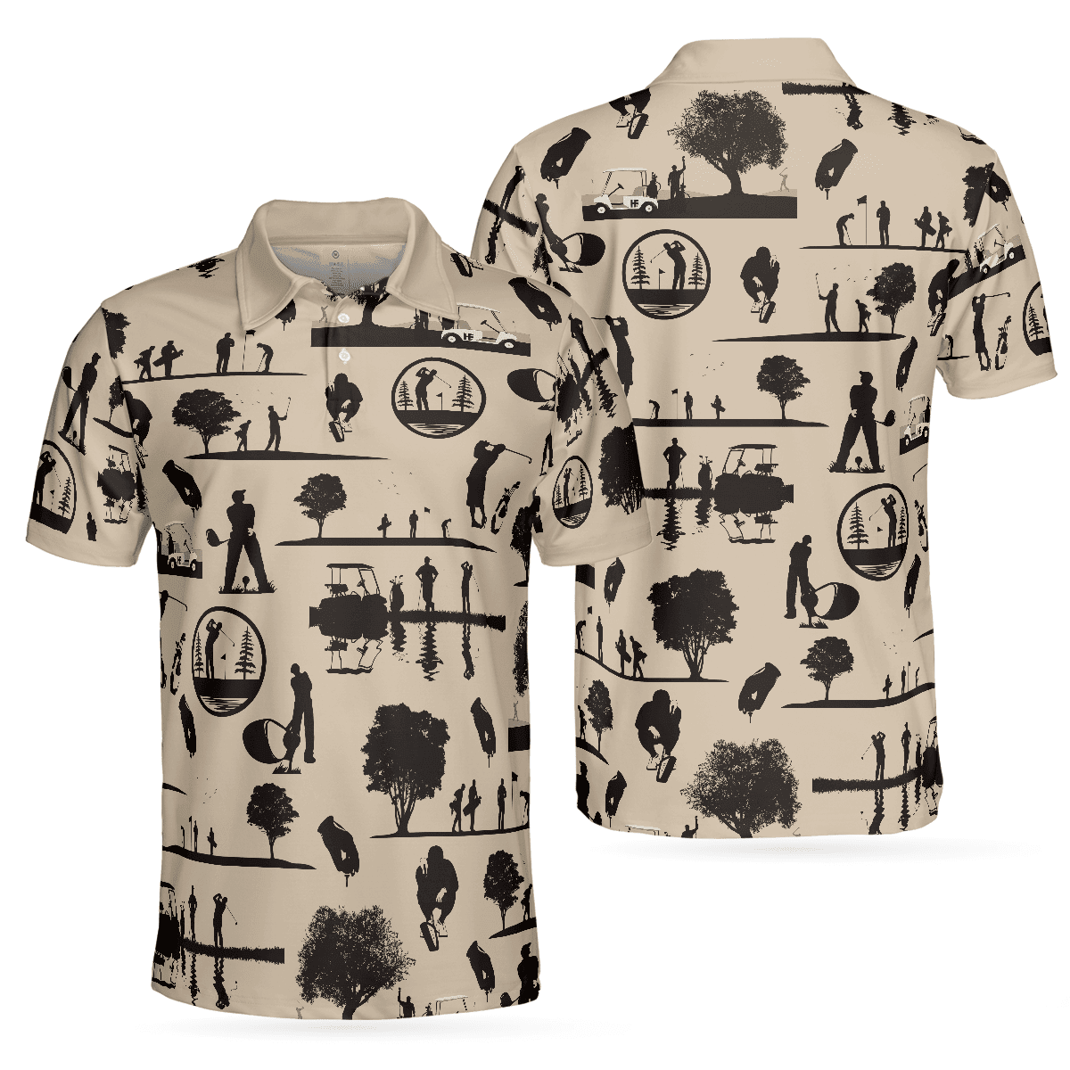 Beige Vintage Silhouette Golfers All Over Print Polo Shirt Cream Polo Shirt Best Golf Shirt For Men