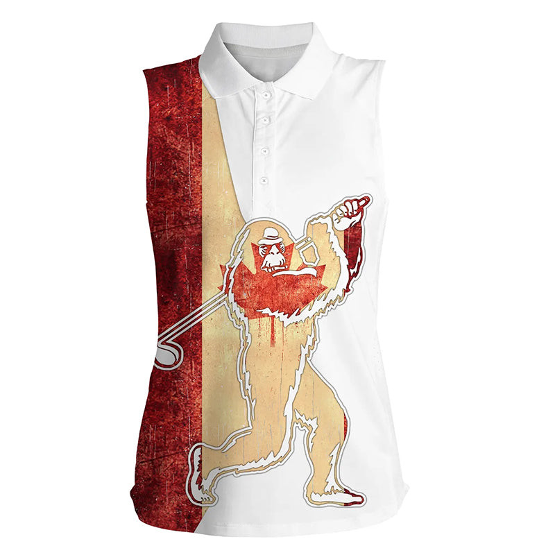 Bigfoot Women Sleeveless Polo Shirt Vintage Canadian Flag Sasquatch Playing Golf
