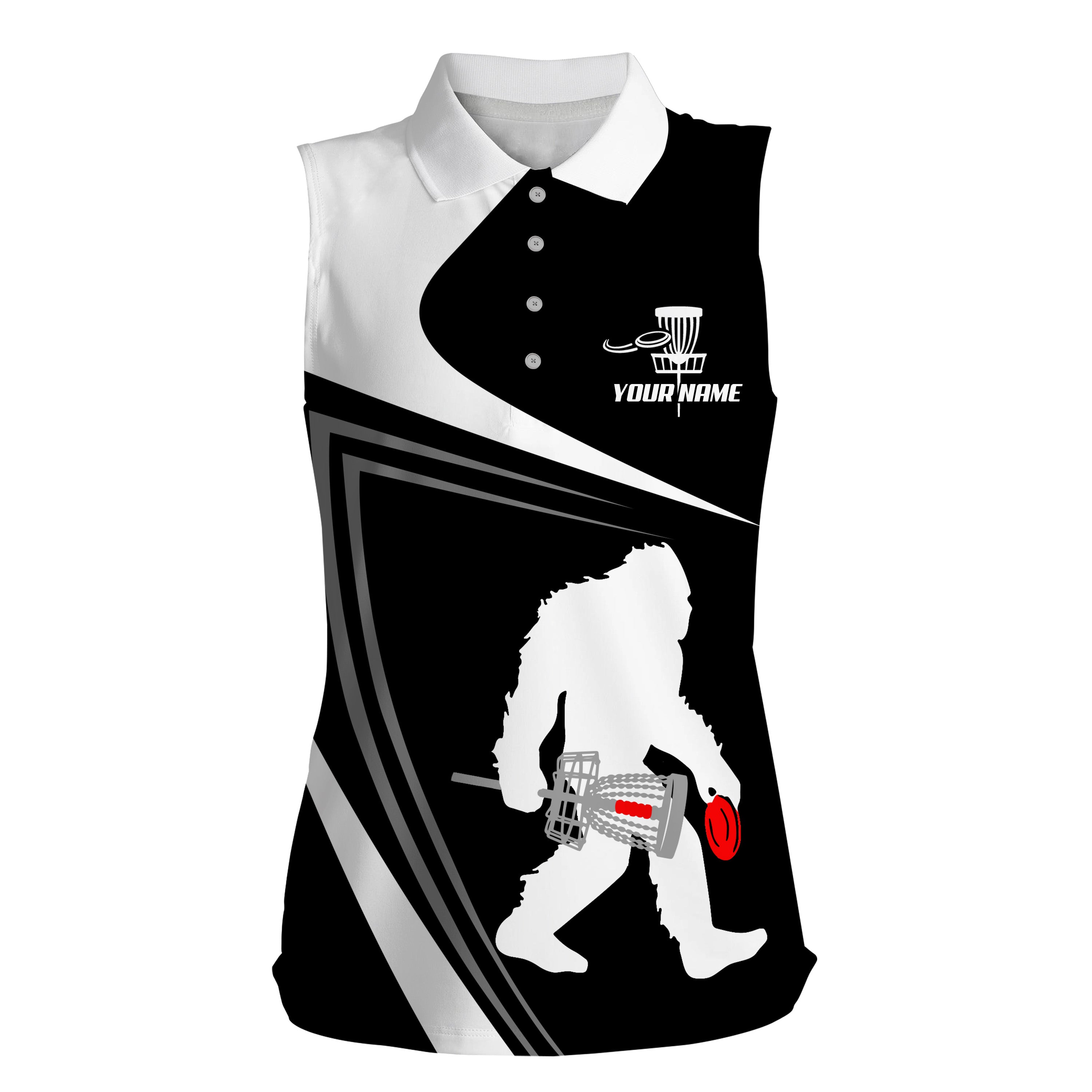 Black And White Bigfoot Sasquatch Womens Disc Golf Sleeveless Polo Shirt Personalized Disc Golf Shirts