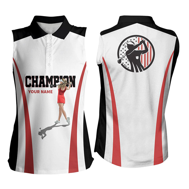 Black And White Womens Sleeveless Polo Shirt Personalized Champion Golf Gifts For Women, Ladies Golf Polo