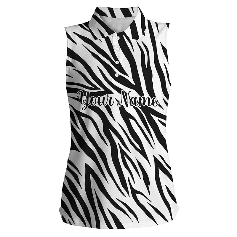 Black And White Zebra Pattern Womens Sleeveless Polo Shirt Personalized Gift For Golf Lovers