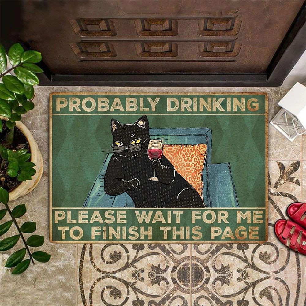 Black Cat Probably Drinking Please Wait For Me Rubber Doormat Funny Front Door Mat Unique