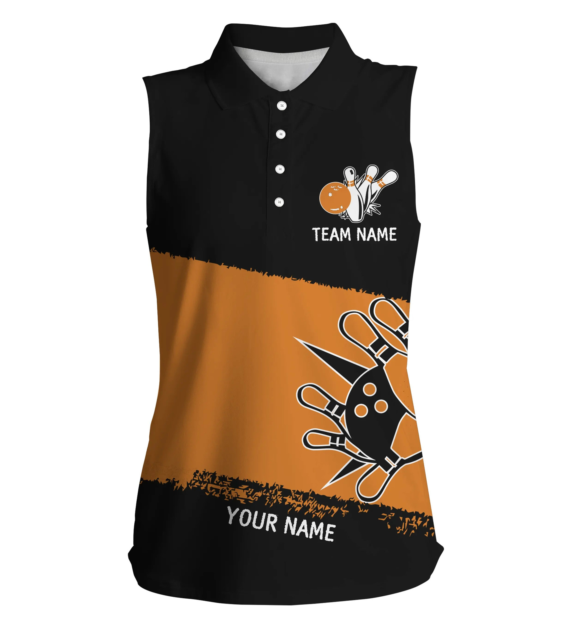 Black Orange Bowling Balls And Pins Personalized Team Bowling Sleeveless Polo Shirt, Team Bowling Jerseys