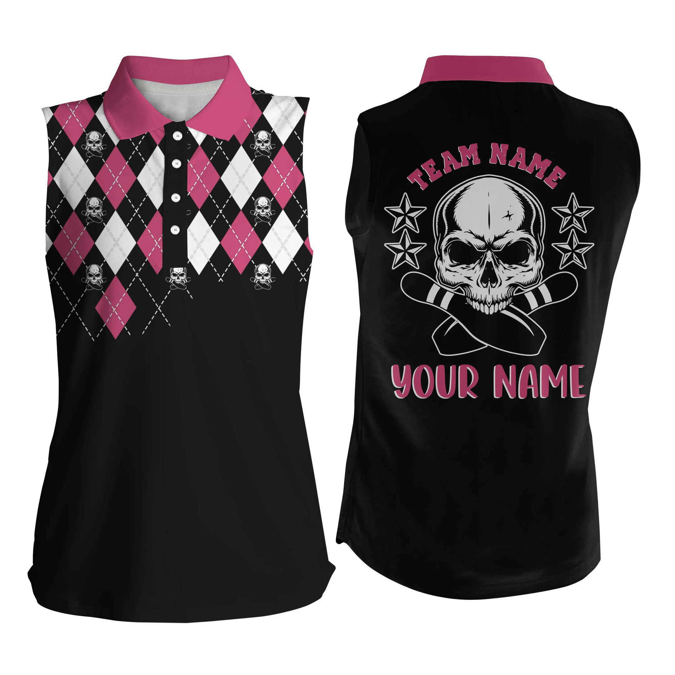 Black Pink Bowling Skull Personalized Bowling Sleeveless Polo Shirt For Women, Bowling Jersey