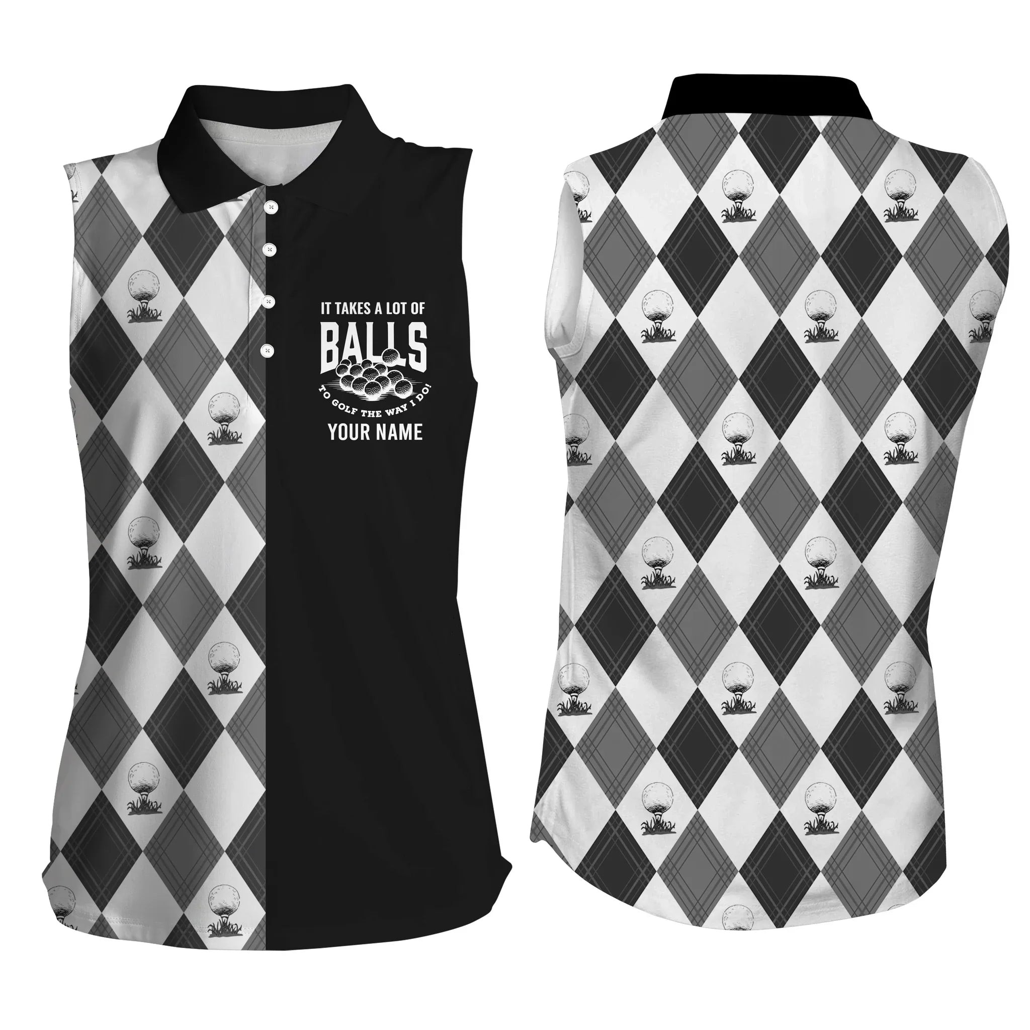 Black White Pattern Women Golf Sleeveless Polo Shirt, Personalized It Takes A Lot Of Balls To Golf The Way