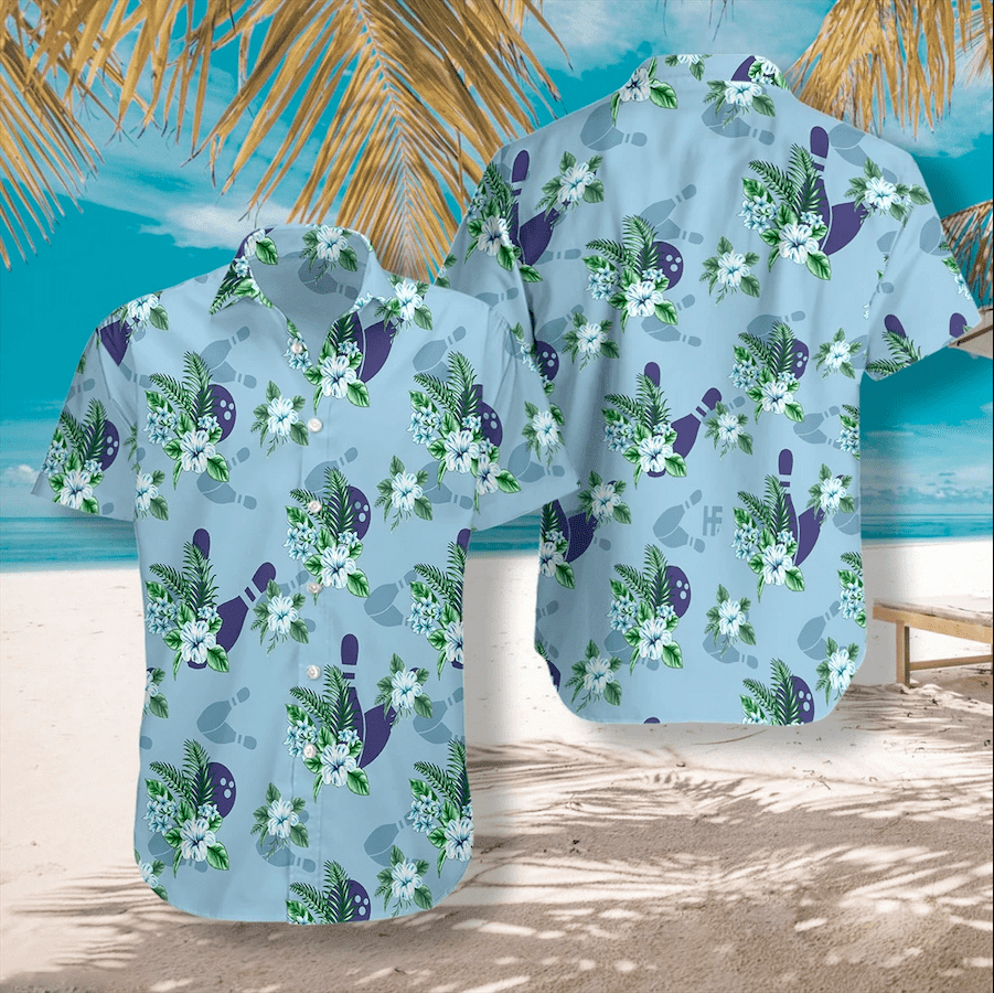 Blue Bowling Ball And Pin Tropical Hawaiian Shirt