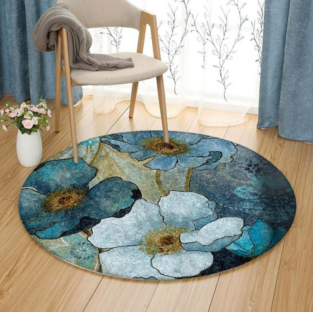 Blue Denim Garden Round Rug Carpet Bedroom Livingroom Home Decor