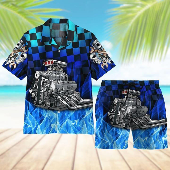 Blue Fire Hot Rod Hawaiian Shirt Set