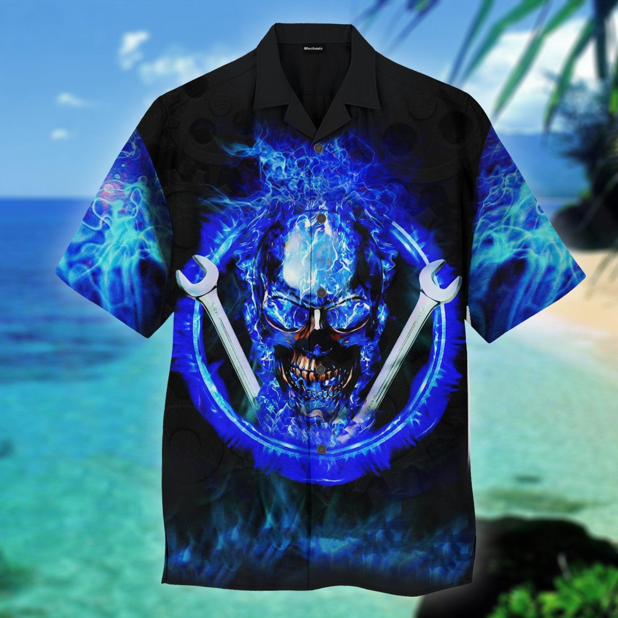 Blue Fire Skull Mechanic Hawaiian Shirt