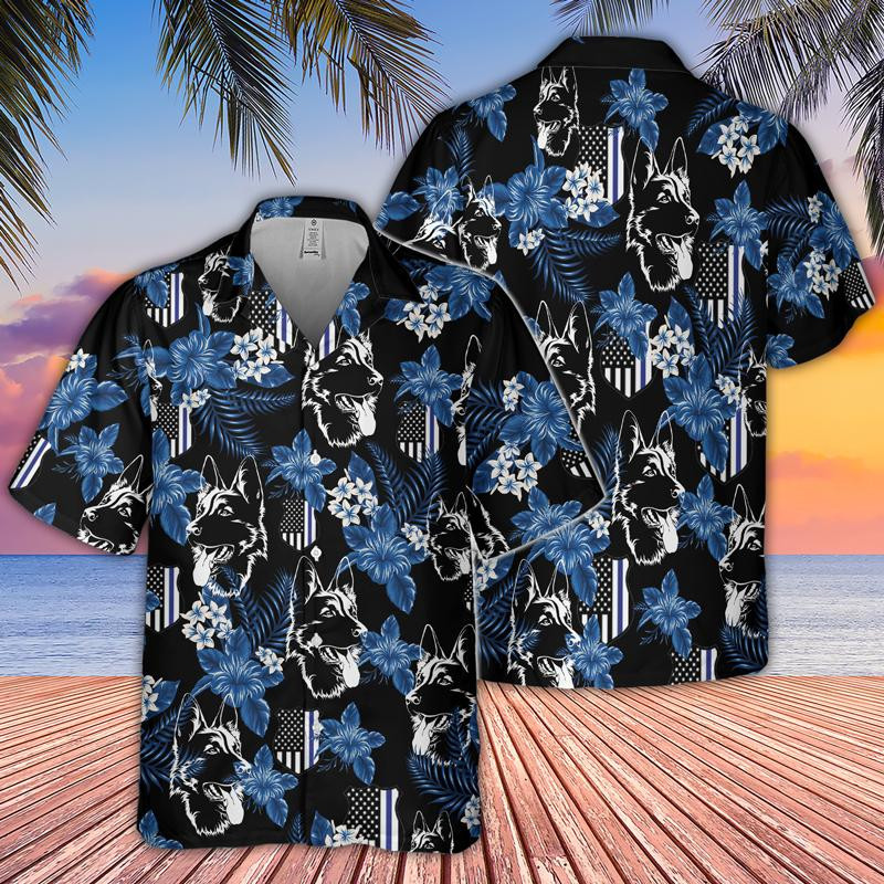 Blue German Shepherd Police Seamless Pattern Hawaiian Shirt
