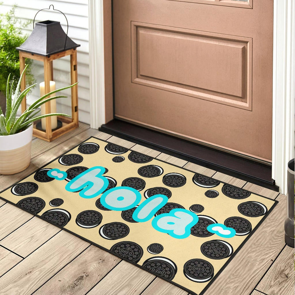 Blue Hola Text Oreo Cookies Patterns With Milk Rubber Doormat Home Decor - Image 3