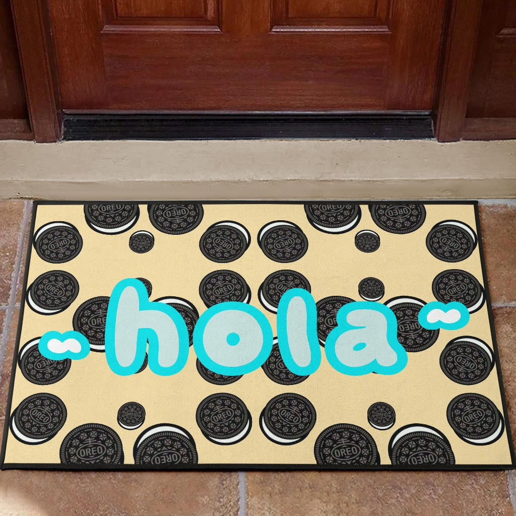 Blue Hola Text Oreo Cookies Patterns With Milk Rubber Doormat Home Decor