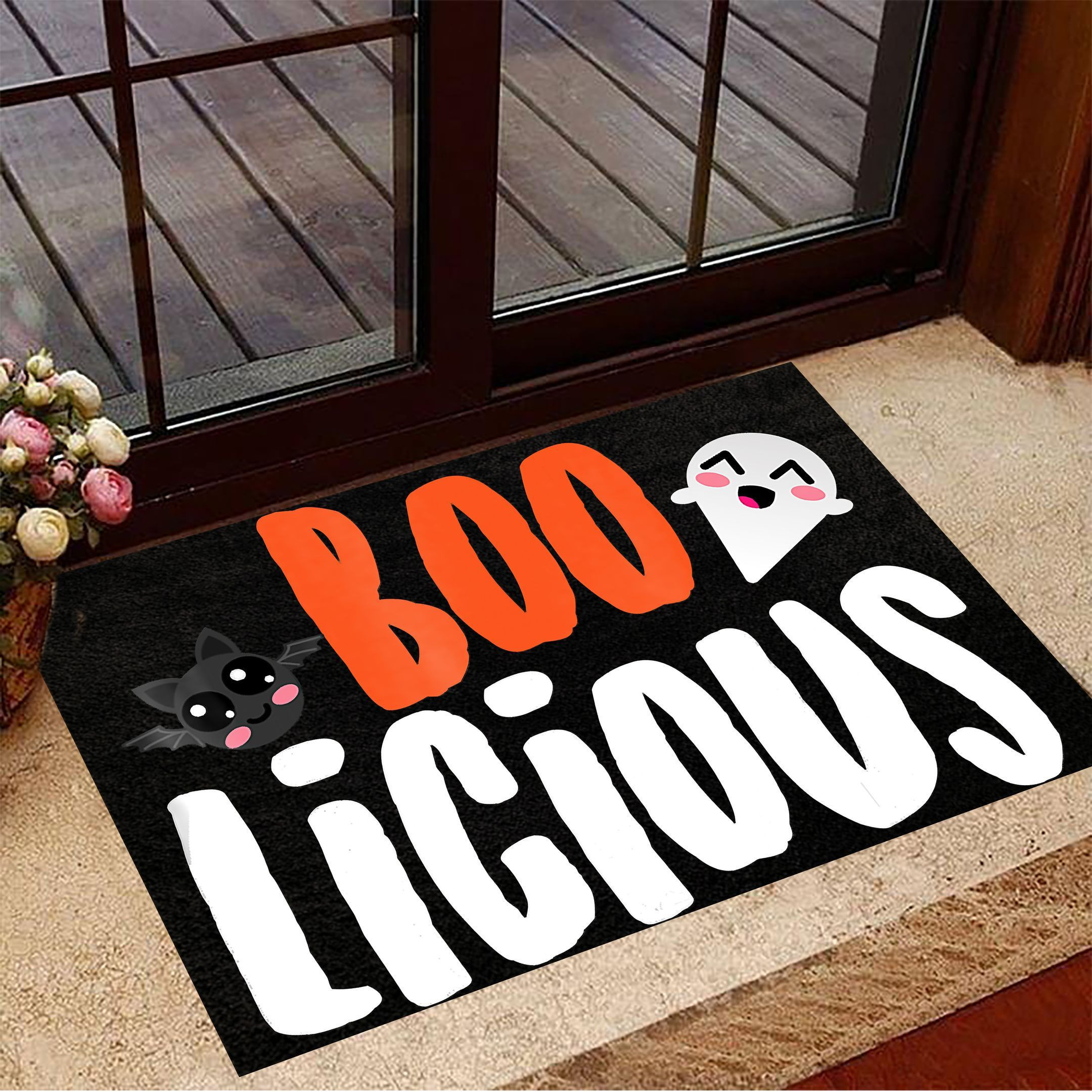 Boo Licious Ghost and Black Cat Rubber Doormat Halloween Welcome Mat Gift Ideas For Cat Lovers