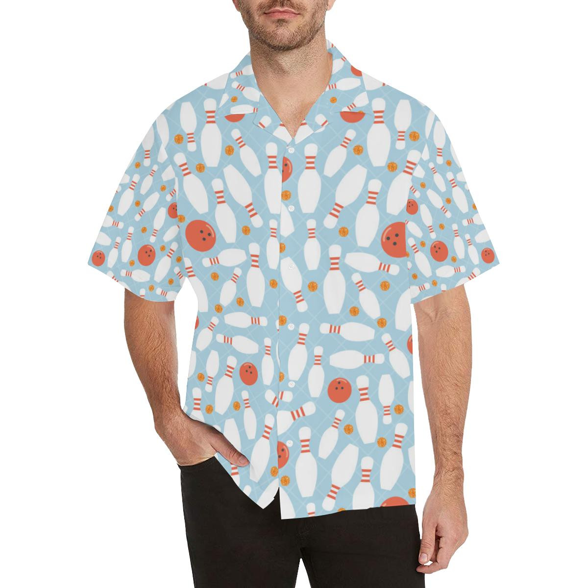 Bowling Ball Bowling Pins Blue Blackground Hawaiian Shirt - Image 3