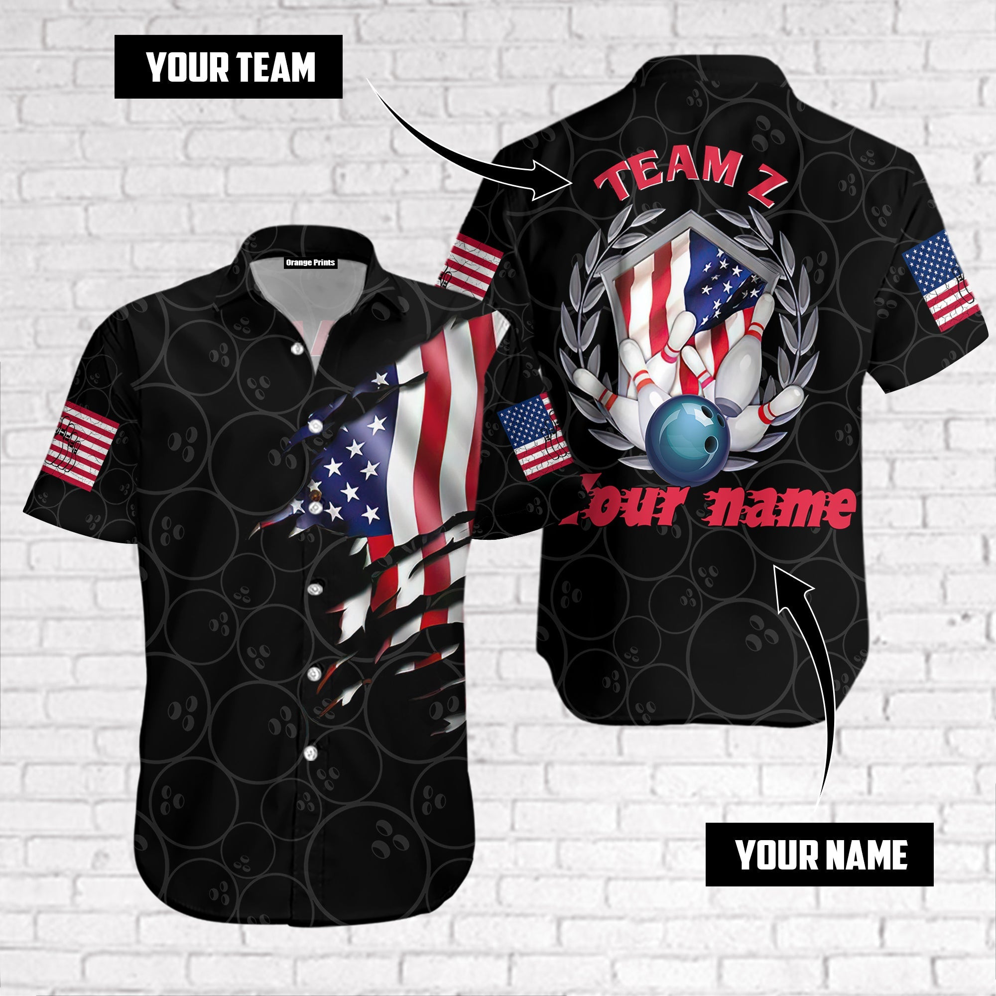 Bowling Team American Flag Personalized Hawaiian Shirt