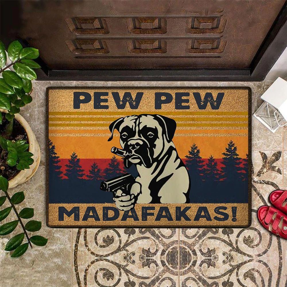 Boxer Pew Pew Madafakas Rubber Doormat Funny Dog Themed Welcome Mat Entry Door Mat Indoor