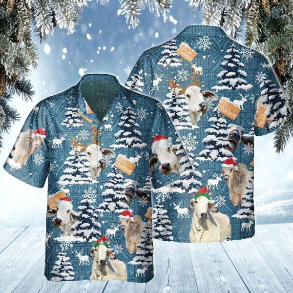 Brahman Cattle Blue Tribal Christmas Hawaiian Shirt