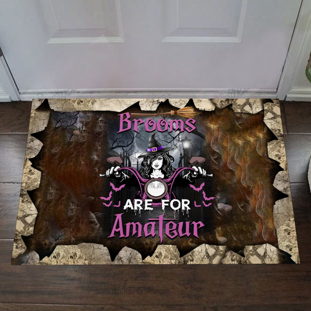Brooms Are For Amateur Halloween Rubber Doormat Witch Riding Motorcycle Spooky Welcome Mat