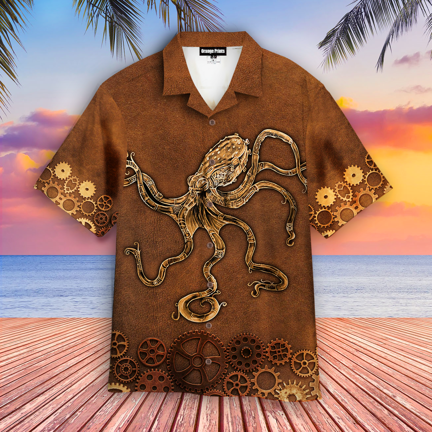 Brown Octopus Steampunk Hawaiian Shirt