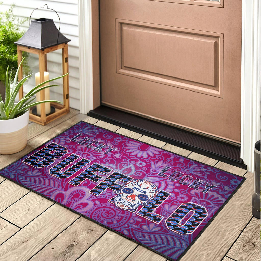 Buffalo Bills American Football Team Rubber Doormat Lucky Buffalo With Tattooed Skull Floral Rubber Doormat Home Decor - Image 3