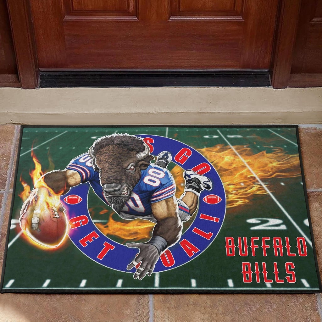 Buffalo Bills American Football Team Rubber Doormat Player With Buffalo Head Holding Flaming Rugby Rubber Doormat Home Decor