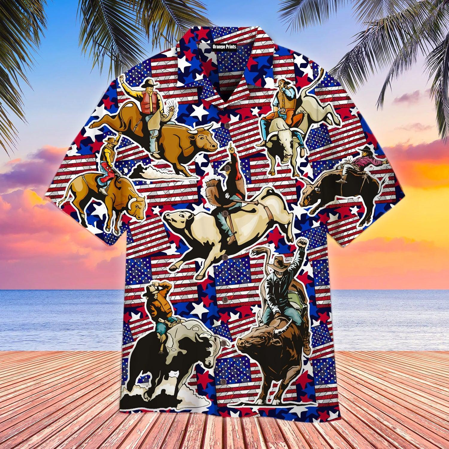 Bull Riding American Flag Hawaiian Shirt