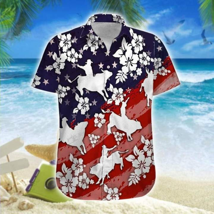 Bull Riding Navy And Red Hawaiian Shirt