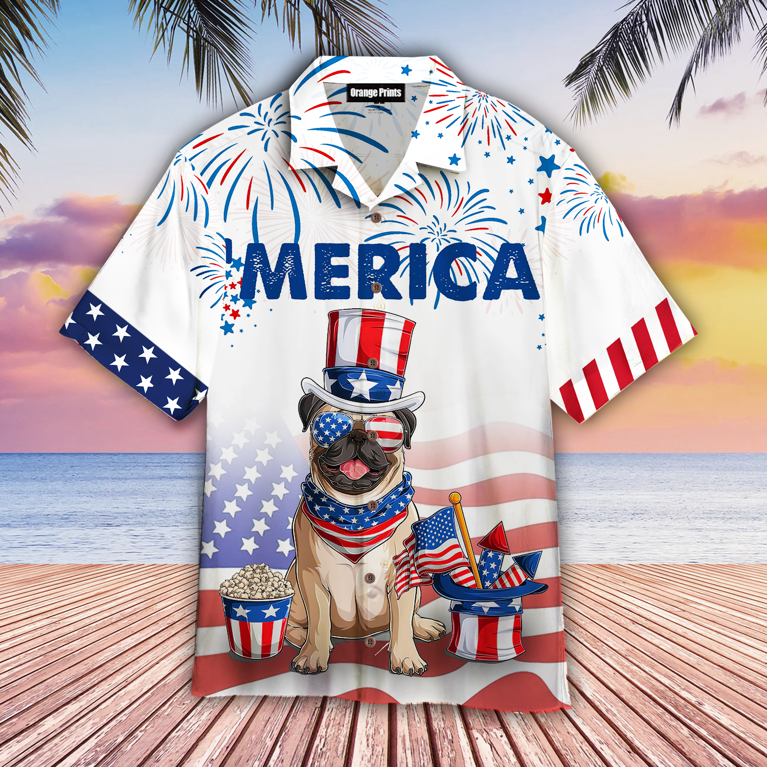 BullDog American Flag 4th Of July Firework Hawaiian Shirt