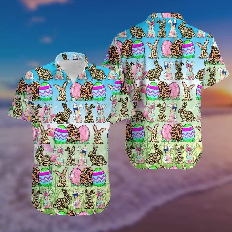 Bunny Leopard & Eggs Blue Happy Easter Day Hawaiian Shirt