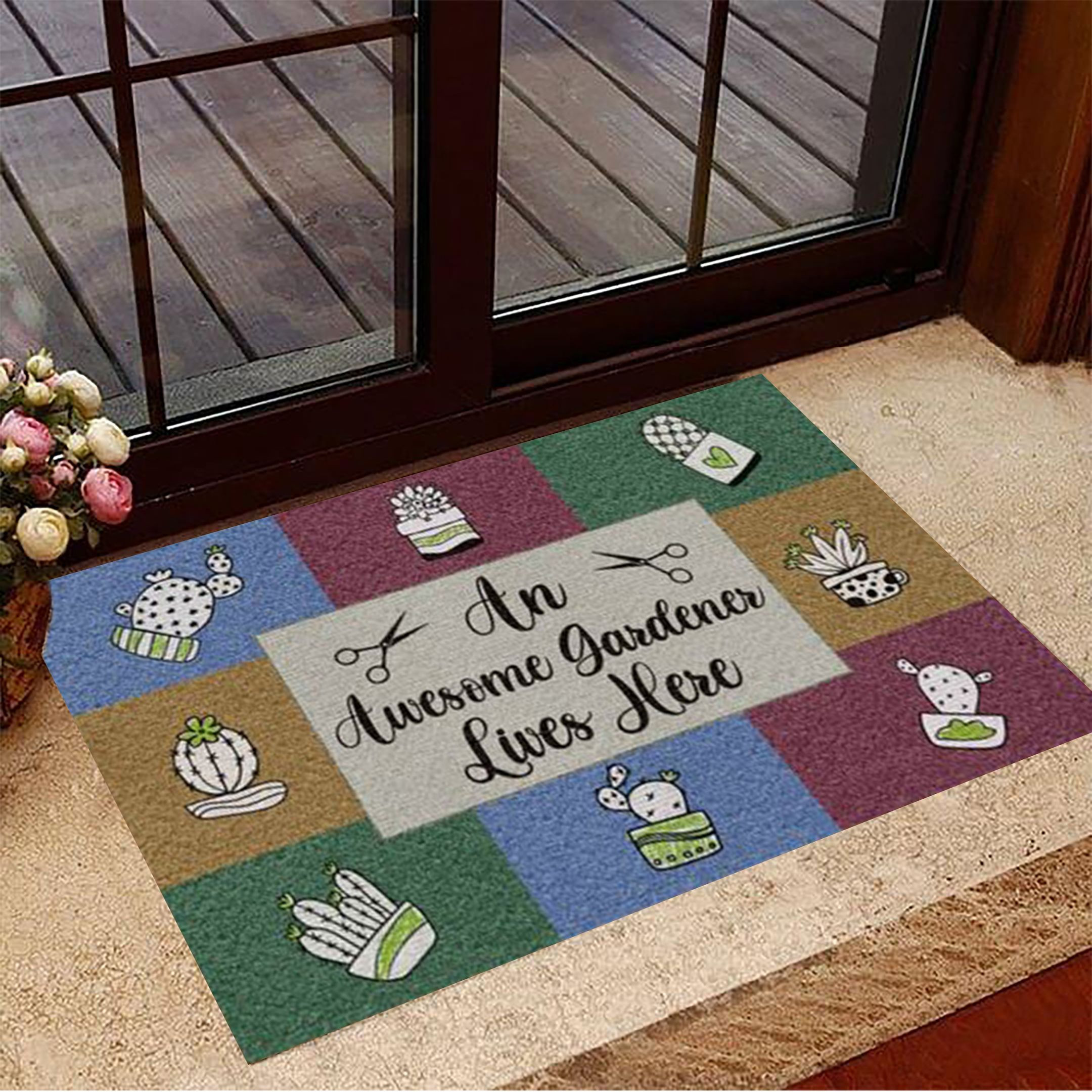 Cactus An Awesome Gardener Lives Here Rubber Doormat Welcome Home Mat Presents For Plant Lover