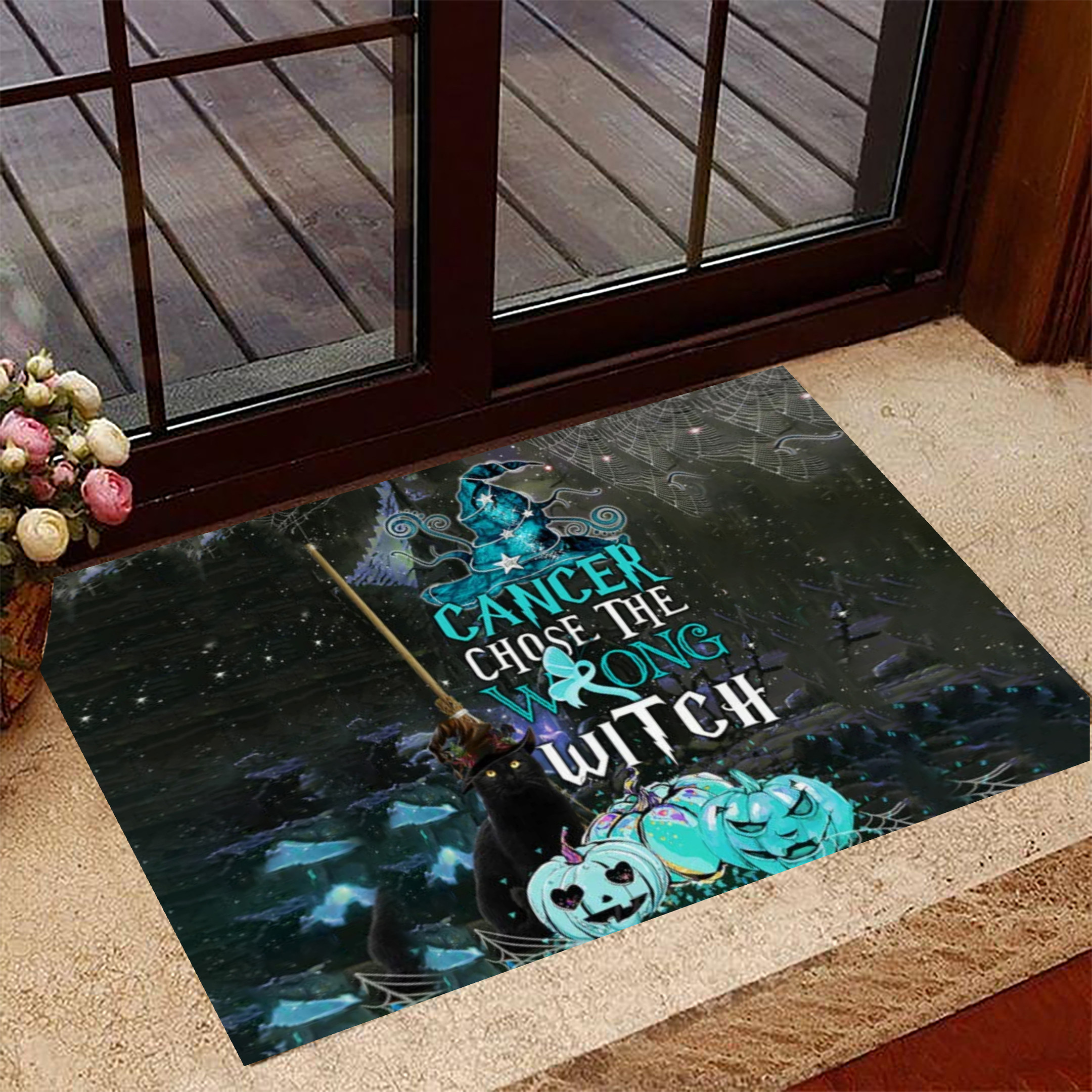 Cancer Chose The Wrong Witch Rubber Doormat Mint Green Awareness Ribbon Indoor Halloween Decor