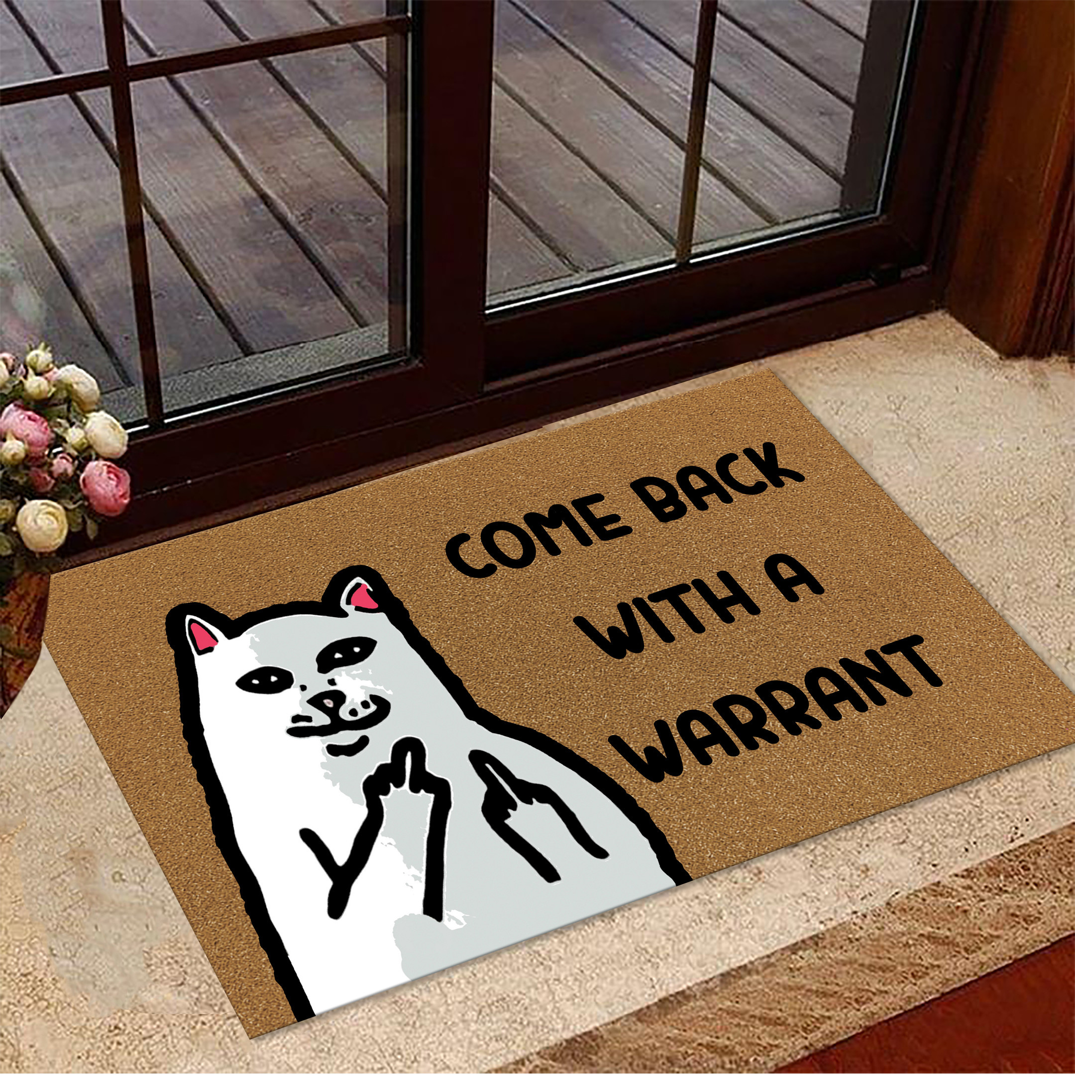 Cat Come Back With A Warrant Rubber Doormat Funny Cat Front Door Mats Home Decor Gift Ideas