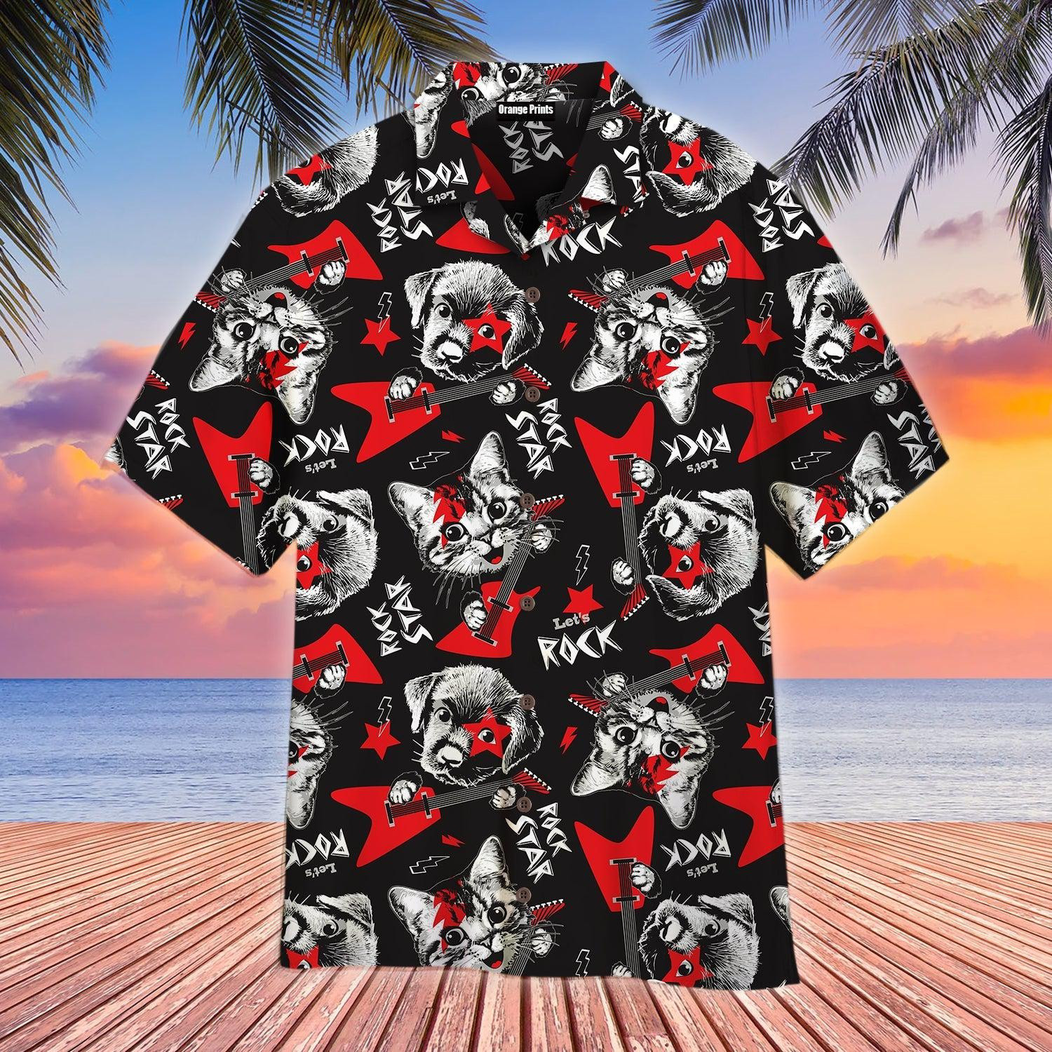 Cat Dog Play Rock On Electric Guitar Hawaiian Shirt