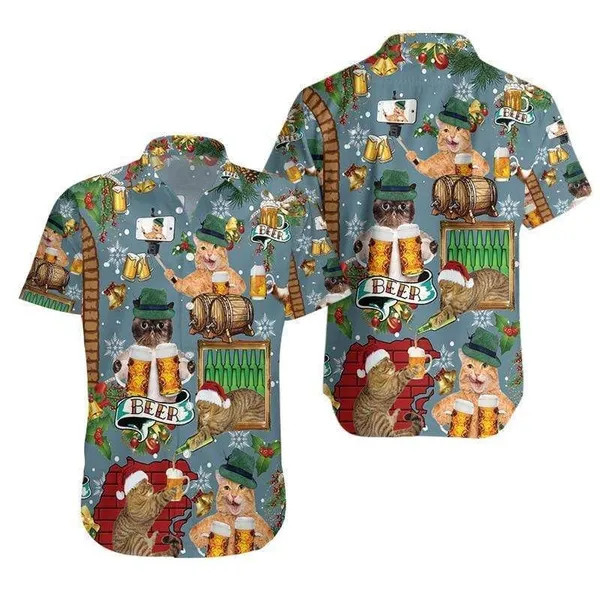 Cat Drinking Beer Merry Christmas Hawaiian Shirt