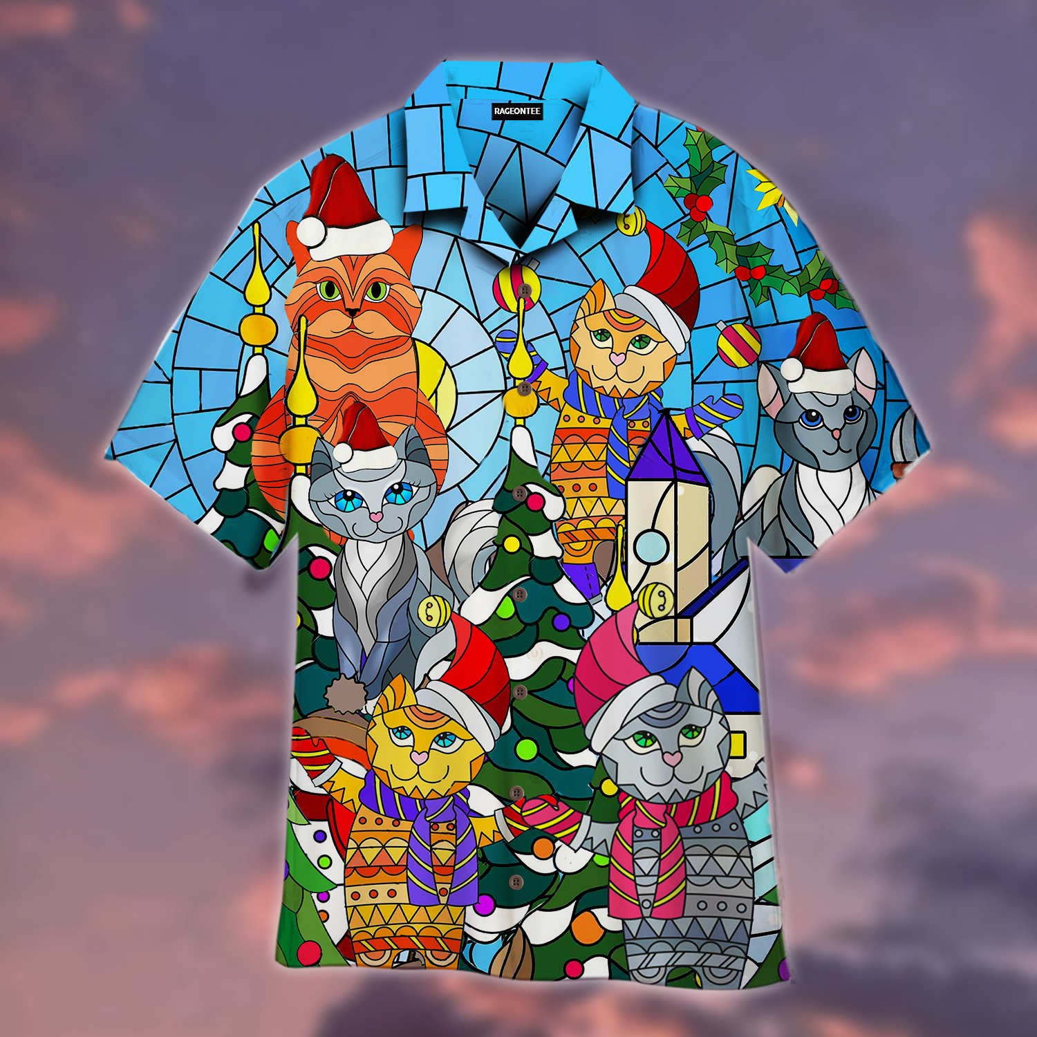 Cat Family Merry Christmas Stained Glass Hawaiian Shirt