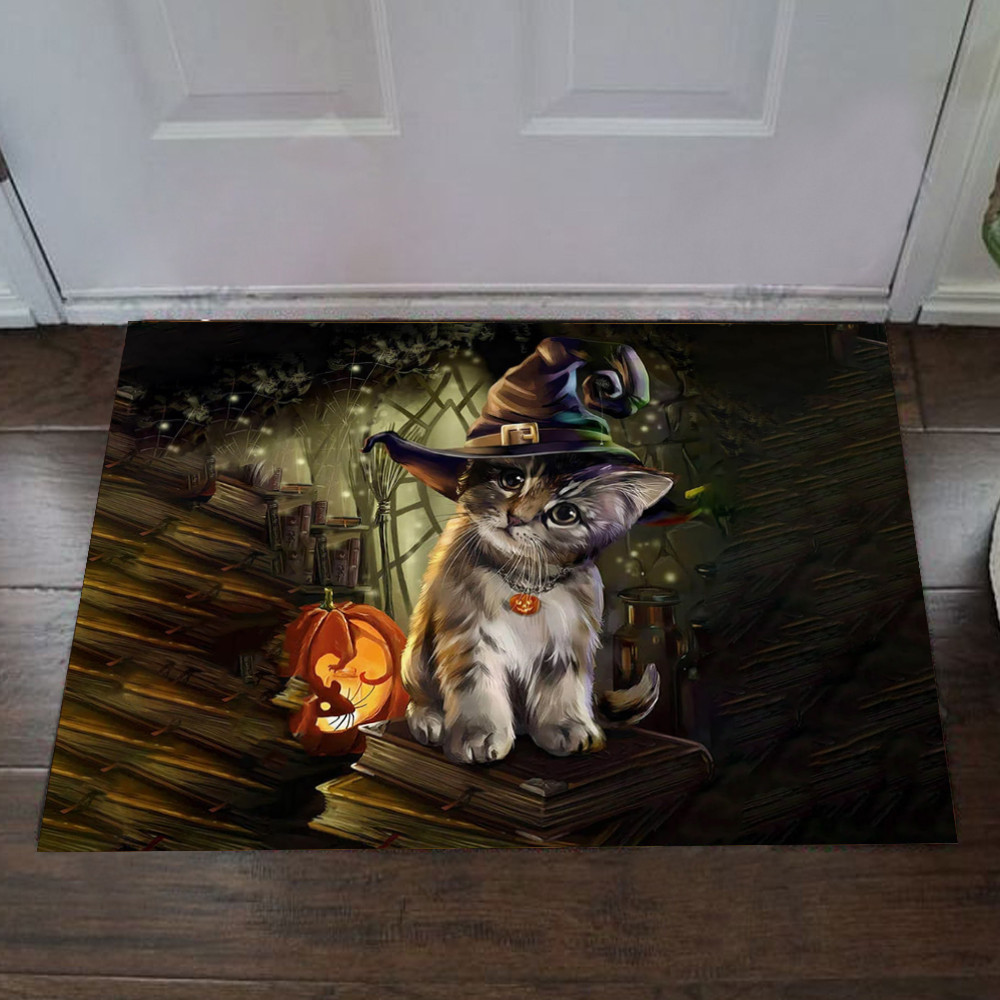 Cat Happy Halloween Rubber Doormat Cute Adorable Halloween Mats Gifts For Cat Lovers
