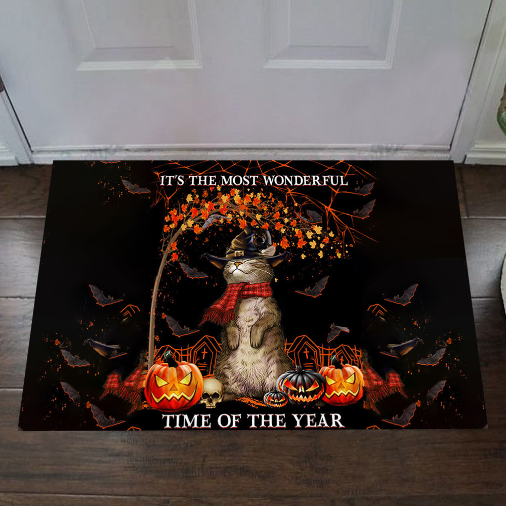 Cat It's The Most Wonderful Time Of The Year Rubber Doormat Cat Lover Halloween Door Mat Decor