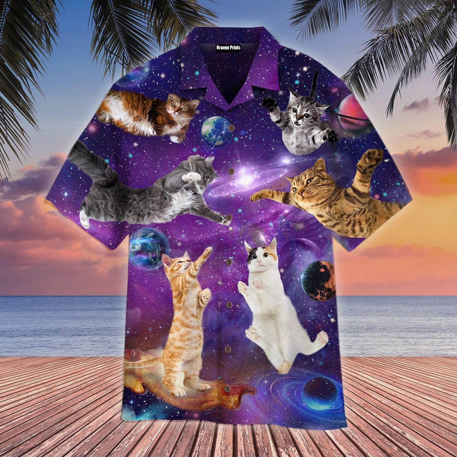Cat Sits Silhouette Of A Bright Galaxy Hawaiian Shirt