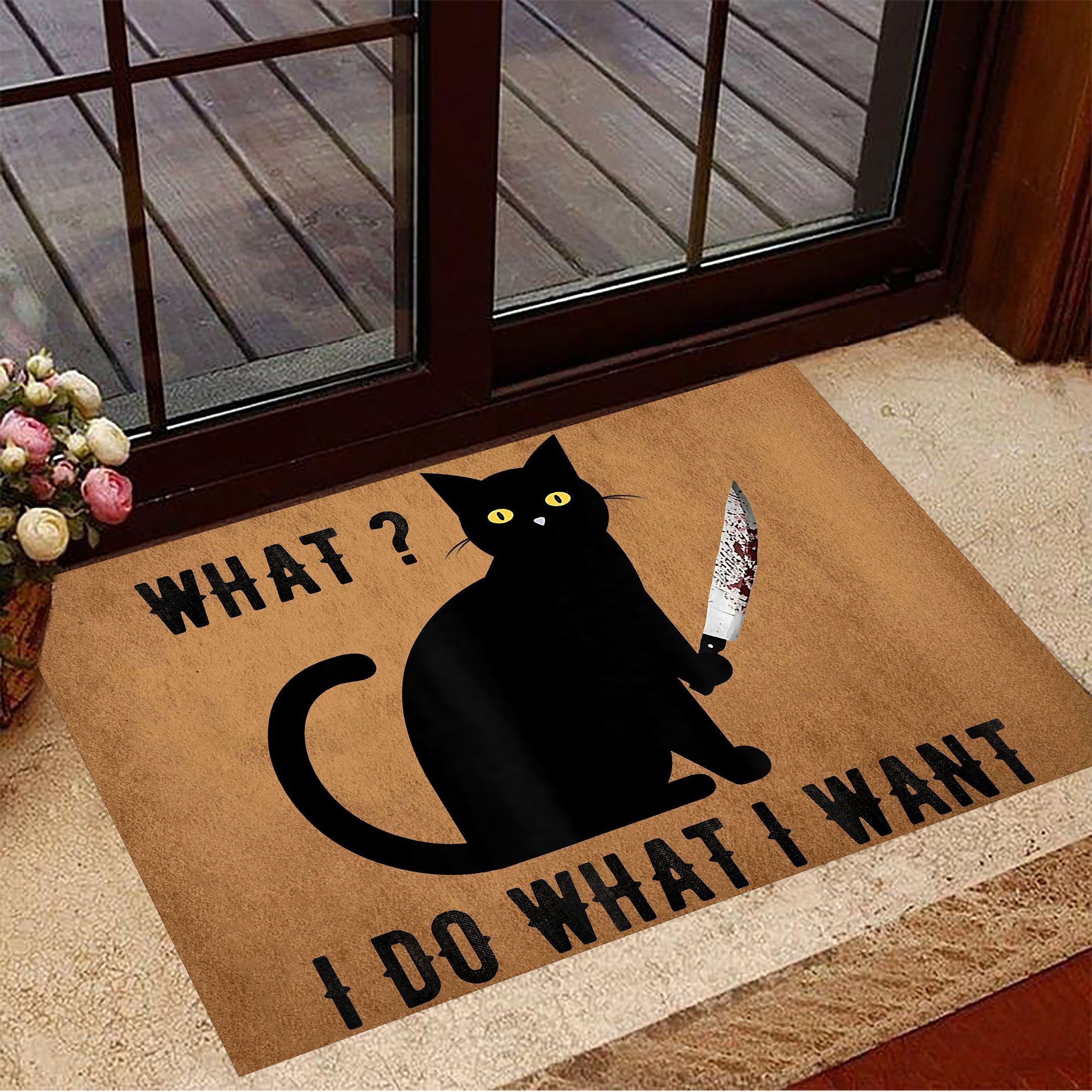 Cat With Knife What I Do What I Want Black Cat Bloody Knife Rubber Doormat