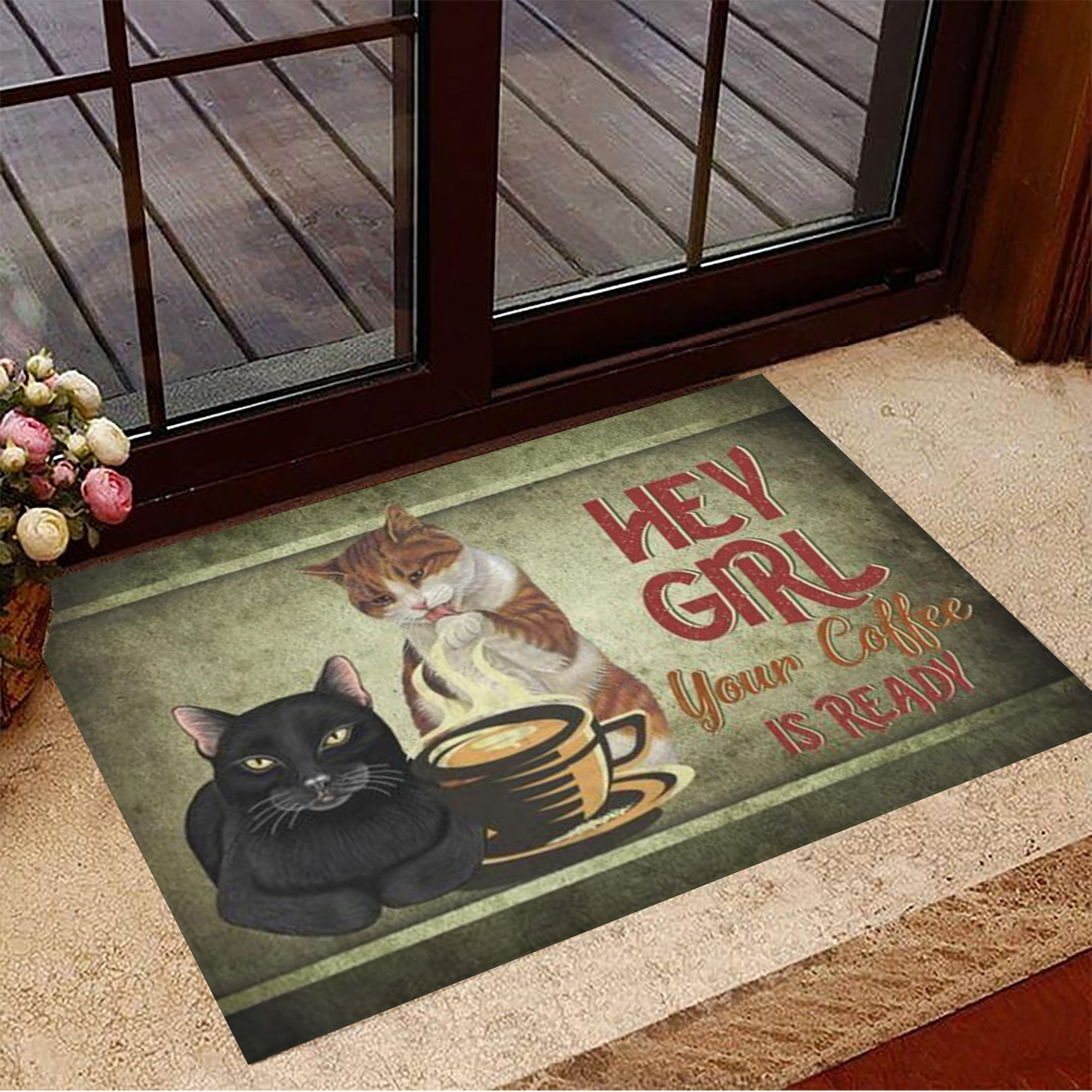 Cats Hey Girl Your Coffee Is Ready Rubber Doormat Funny Rubber Doormat Sayings Gifts For Coffee Drinkers