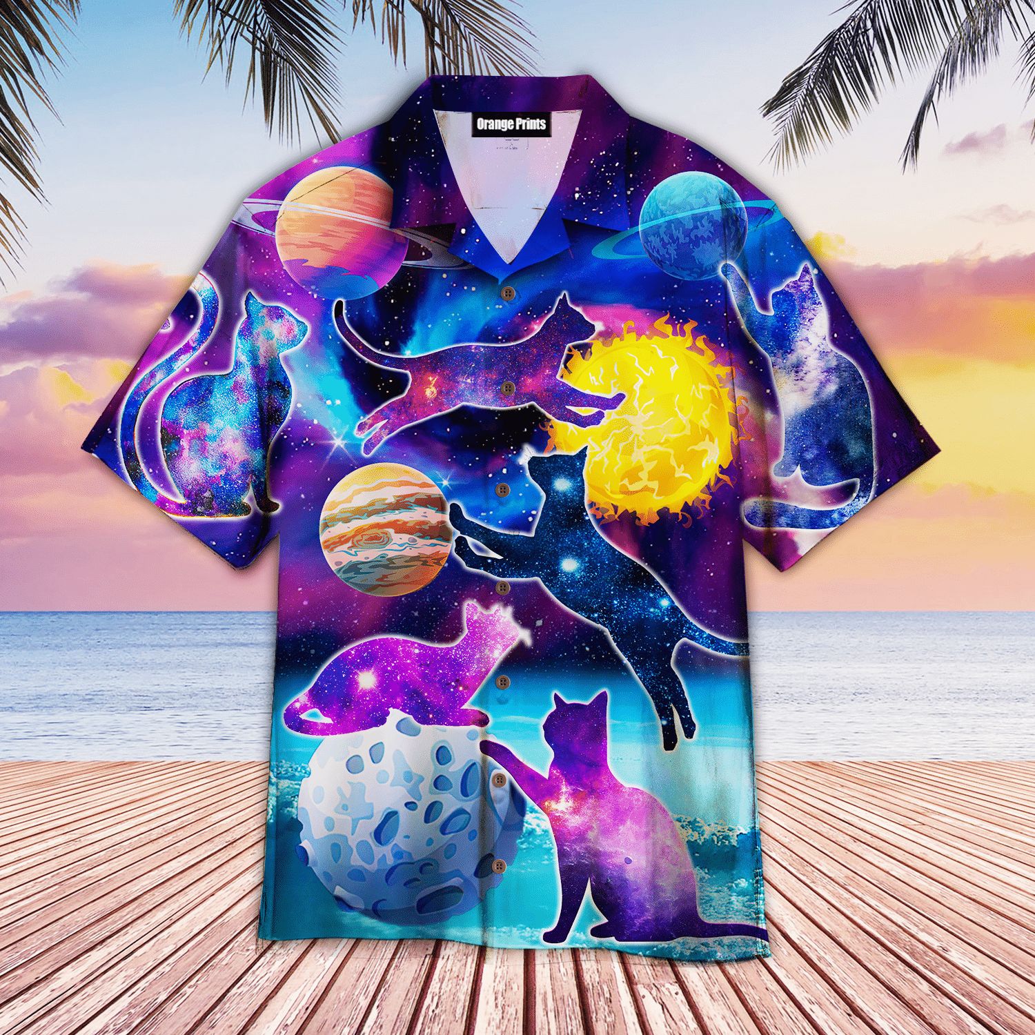 Cats Silhouette Sit Of A Bright Galaxy Hawaiian Shirt