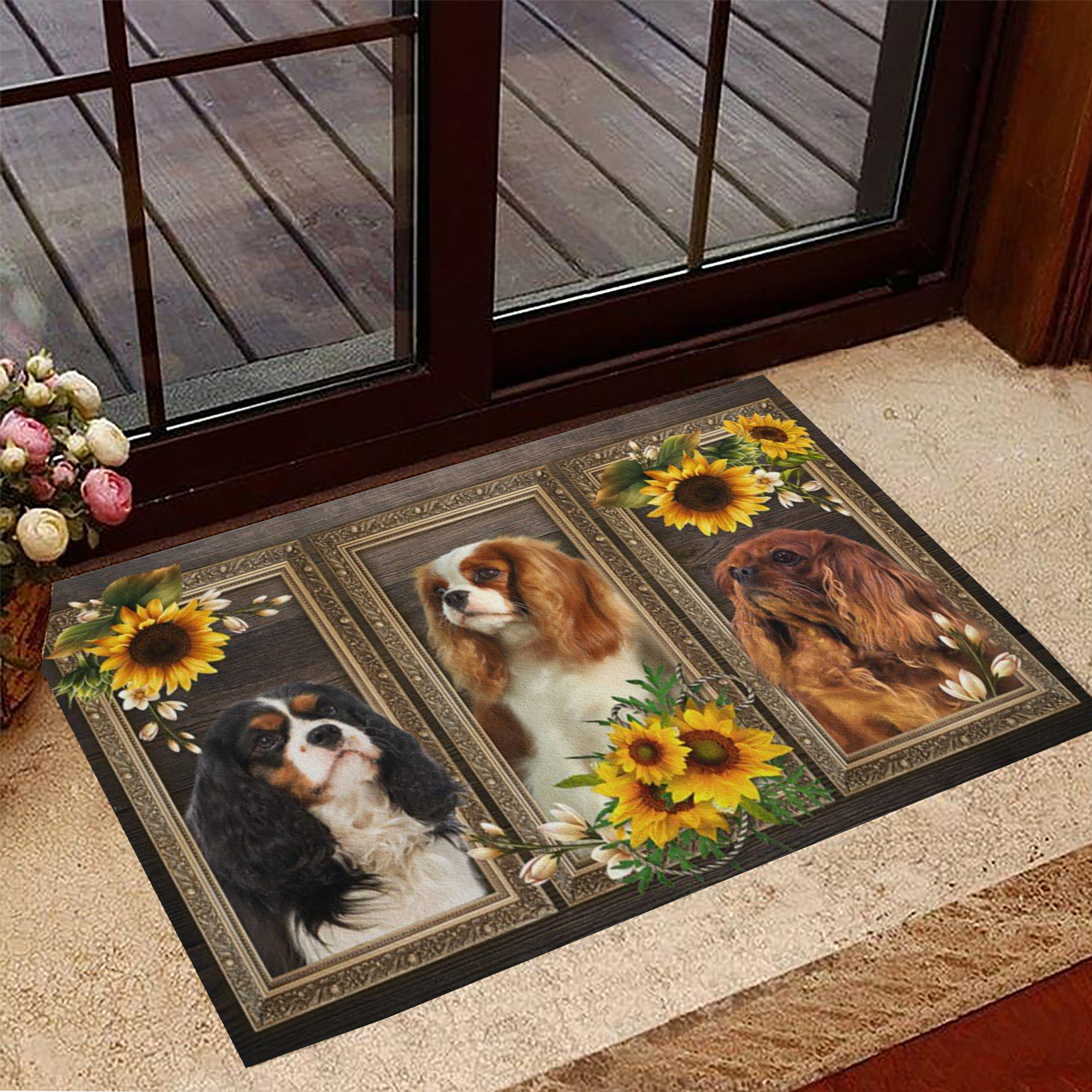 Cavalier Spaniel Sunflowers Rubber Doormat Gifts For Cavalier King Charles Spaniel Lovers